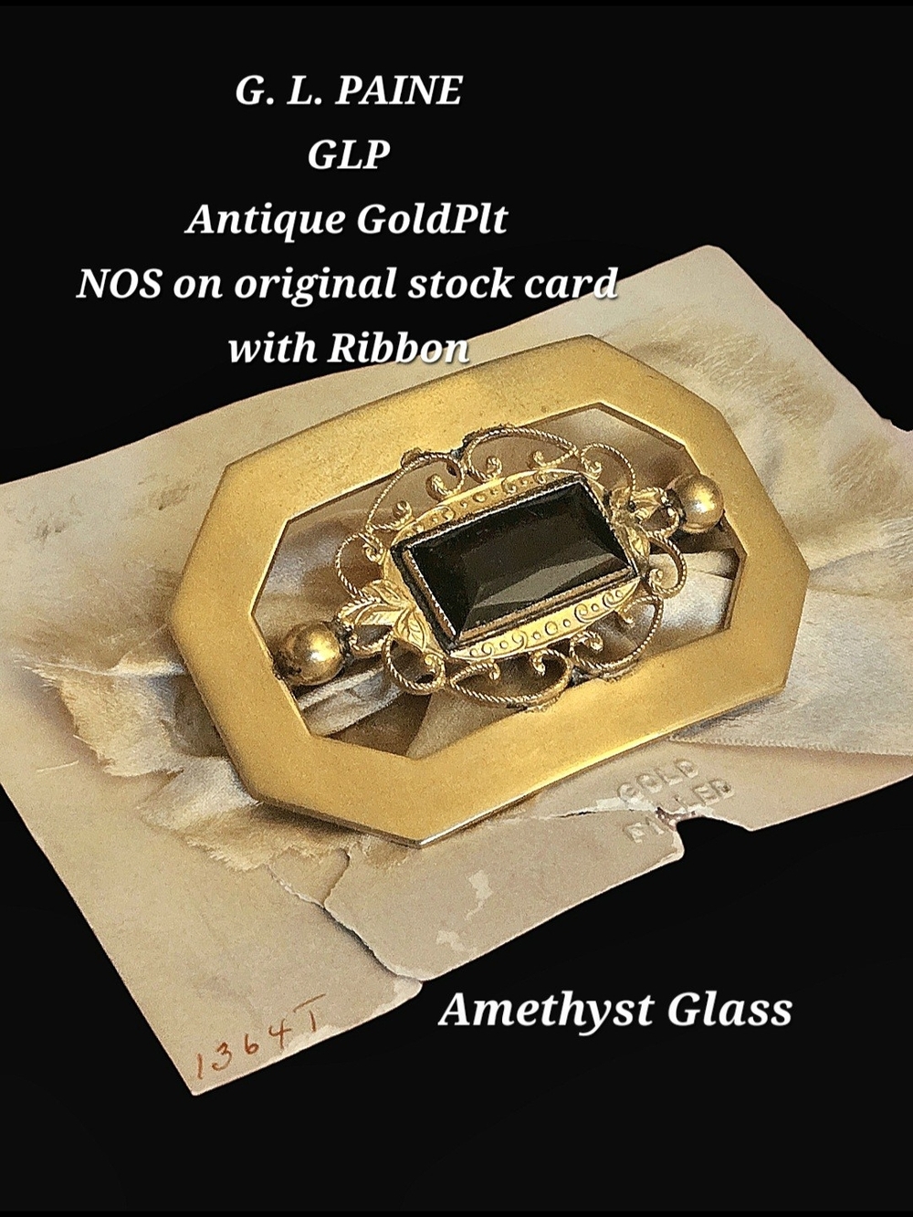 Antique G.L. Paine Gold Filled Amethyst Sash Pin Brooch on Original Card
